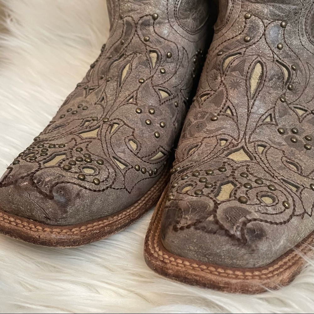 Corral Brown Leather Western Cutout & Stud Ankle Boots - Picture 4 of 6